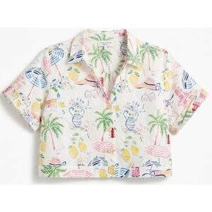 Calypso st Barth womens medium linen boxy crop top cream green Hawaiian beach